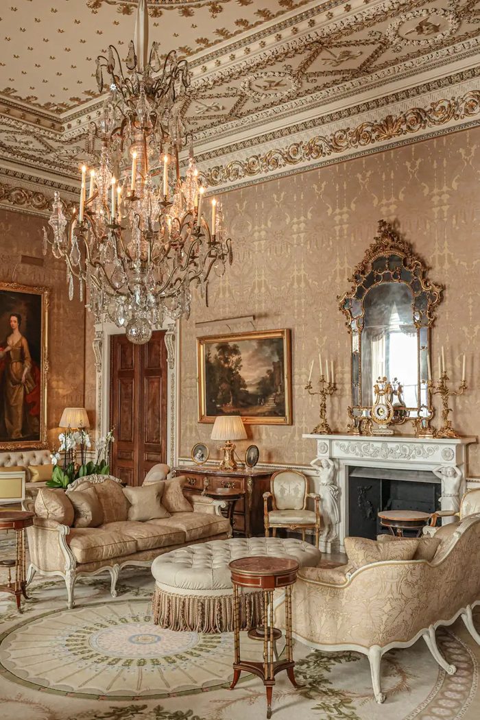 Ballyfin House drawing room with chandelier and fireplace