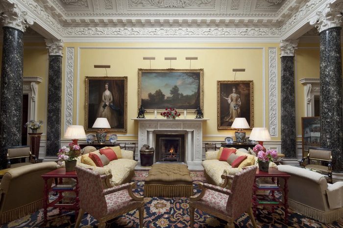 Ballyfin House yellow drawing room with fireplace